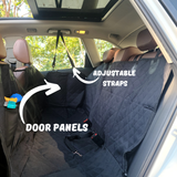 side picture of the dog backseat cover installed in the car with arrows pointing out to the door panels and adjustable straps to fit all cars and have full protection
