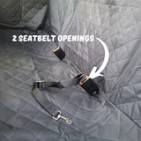 dog backseat cover installed in the car with a closeup focus on the seatbelt openings 