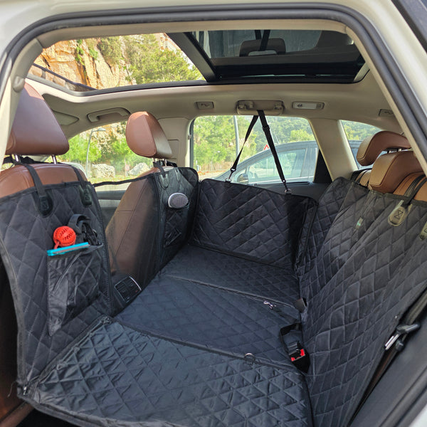 Frontal view of the PetSouks hard bottom seat cover installed in an SUV