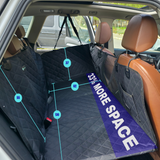 Frontal view of the PetSouks hard bottom seat cover installed in an SUV with dimentions and highlight of the extra space